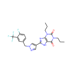 CCCn1c(=O)c2[nH]c(-c3cnn(Cc4ccc(F)c(C(F)(F)F)c4)c3)nc2n(CCC)c1=O ZINC000036190441