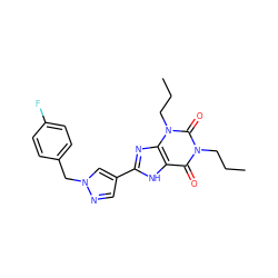 CCCn1c(=O)c2[nH]c(-c3cnn(Cc4ccc(F)cc4)c3)nc2n(CCC)c1=O ZINC000036124056