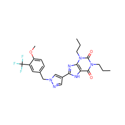 CCCn1c(=O)c2[nH]c(-c3cnn(Cc4ccc(OC)c(C(F)(F)F)c4)c3)nc2n(CCC)c1=O ZINC000036190430