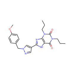 CCCn1c(=O)c2[nH]c(-c3cnn(Cc4ccc(OC)cc4)c3)nc2n(CCC)c1=O ZINC000035969456