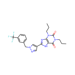 CCCn1c(=O)c2[nH]c(-c3cnn(Cc4cccc(C(F)(F)F)c4)c3)nc2n(CCC)c1=O ZINC000029037255