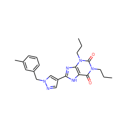 CCCn1c(=O)c2[nH]c(-c3cnn(Cc4cccc(C)c4)c3)nc2n(CCC)c1=O ZINC000035817178