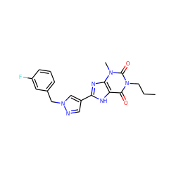 CCCn1c(=O)c2[nH]c(-c3cnn(Cc4cccc(F)c4)c3)nc2n(C)c1=O ZINC000029055925