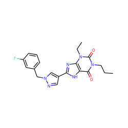 CCCn1c(=O)c2[nH]c(-c3cnn(Cc4cccc(F)c4)c3)nc2n(CC)c1=O ZINC000029055620