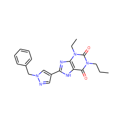 CCCn1c(=O)c2[nH]c(-c3cnn(Cc4ccccc4)c3)nc2n(CC)c1=O ZINC000029055615