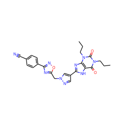 CCCn1c(=O)c2[nH]c(-c3cnn(Cc4nc(-c5ccc(C#N)cc5)no4)c3)nc2n(CCC)c1=O ZINC000028564245