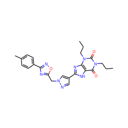 CCCn1c(=O)c2[nH]c(-c3cnn(Cc4nc(-c5ccc(C)cc5)no4)c3)nc2n(CCC)c1=O ZINC000028564205