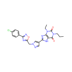 CCCn1c(=O)c2[nH]c(-c3cnn(Cc4nc(-c5ccc(Cl)cc5)no4)c3)nc2n(CC)c1=O ZINC000029056462