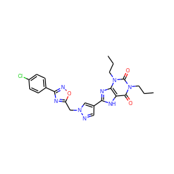 CCCn1c(=O)c2[nH]c(-c3cnn(Cc4nc(-c5ccc(Cl)cc5)no4)c3)nc2n(CCC)c1=O ZINC000003838251