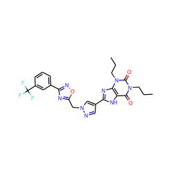 CCCn1c(=O)c2[nH]c(-c3cnn(Cc4nc(-c5cccc(C(F)(F)F)c5)no4)c3)nc2n(CCC)c1=O ZINC000028564300