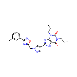 CCCn1c(=O)c2[nH]c(-c3cnn(Cc4nc(-c5cccc(C)c5)no4)c3)nc2n(CCC)c1=O ZINC000028564207