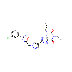 CCCn1c(=O)c2[nH]c(-c3cnn(Cc4nc(-c5cccc(Cl)c5)no4)c3)nc2n(CCC)c1=O ZINC000028564246