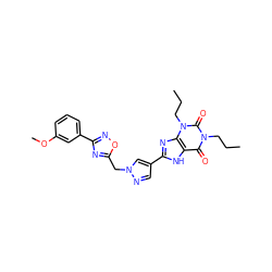 CCCn1c(=O)c2[nH]c(-c3cnn(Cc4nc(-c5cccc(OC)c5)no4)c3)nc2n(CCC)c1=O ZINC000028564268