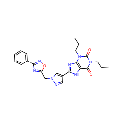 CCCn1c(=O)c2[nH]c(-c3cnn(Cc4nc(-c5ccccc5)no4)c3)nc2n(CCC)c1=O ZINC000003838252