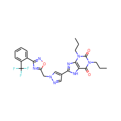 CCCn1c(=O)c2[nH]c(-c3cnn(Cc4nc(-c5ccccc5C(F)(F)F)no4)c3)nc2n(CCC)c1=O ZINC000028564059