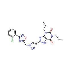 CCCn1c(=O)c2[nH]c(-c3cnn(Cc4nc(-c5ccccc5Cl)no4)c3)nc2n(CCC)c1=O ZINC000028563828