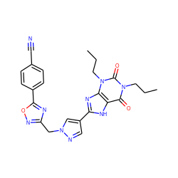 CCCn1c(=O)c2[nH]c(-c3cnn(Cc4noc(-c5ccc(C#N)cc5)n4)c3)nc2n(CCC)c1=O ZINC000028564397