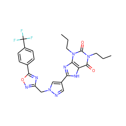 CCCn1c(=O)c2[nH]c(-c3cnn(Cc4noc(-c5ccc(C(F)(F)F)cc5)n4)c3)nc2n(CCC)c1=O ZINC000028564306