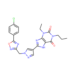 CCCn1c(=O)c2[nH]c(-c3cnn(Cc4noc(-c5ccc(Cl)cc5)n4)c3)nc2n(CC)c1=O ZINC000029056478