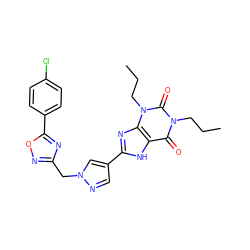 CCCn1c(=O)c2[nH]c(-c3cnn(Cc4noc(-c5ccc(Cl)cc5)n4)c3)nc2n(CCC)c1=O ZINC000028564258