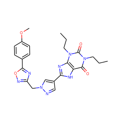 CCCn1c(=O)c2[nH]c(-c3cnn(Cc4noc(-c5ccc(OC)cc5)n4)c3)nc2n(CCC)c1=O ZINC000028564158