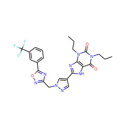 CCCn1c(=O)c2[nH]c(-c3cnn(Cc4noc(-c5cccc(C(F)(F)F)c5)n4)c3)nc2n(CCC)c1=O ZINC000028566929