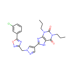 CCCn1c(=O)c2[nH]c(-c3cnn(Cc4noc(-c5cccc(Cl)c5)n4)c3)nc2n(CCC)c1=O ZINC000028564190