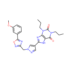 CCCn1c(=O)c2[nH]c(-c3cnn(Cc4noc(-c5cccc(OC)c5)n4)c3)nc2n(CCC)c1=O ZINC000028564216