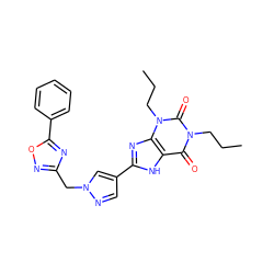 CCCn1c(=O)c2[nH]c(-c3cnn(Cc4noc(-c5ccccc5)n4)c3)nc2n(CCC)c1=O ZINC000028564191