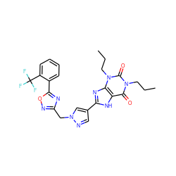 CCCn1c(=O)c2[nH]c(-c3cnn(Cc4noc(-c5ccccc5C(F)(F)F)n4)c3)nc2n(CCC)c1=O ZINC000028566849