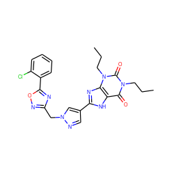 CCCn1c(=O)c2[nH]c(-c3cnn(Cc4noc(-c5ccccc5Cl)n4)c3)nc2n(CCC)c1=O ZINC000028564256