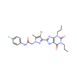 CCCn1c(=O)c2[nH]c(-c3nn(CC(=O)Nc4ccc(Cl)cc4)c(C)c3Br)nc2n(CCC)c1=O ZINC000029060407