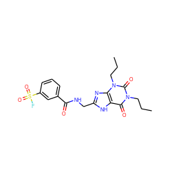 CCCn1c(=O)c2[nH]c(CNC(=O)c3cccc(S(=O)(=O)F)c3)nc2n(CCC)c1=O ZINC000012405650