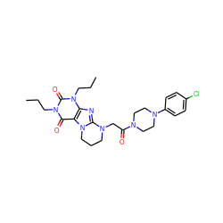 CCCn1c(=O)c2c(nc3n2CCCN3CC(=O)N2CCN(c3ccc(Cl)cc3)CC2)n(CCC)c1=O ZINC000103248647