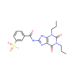 CCCn1c(=O)c2nc(NC(=O)c3cccc(S(=O)(=O)F)c3)[nH]c2n(CCC)c1=O ZINC000100739146