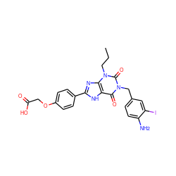 CCCn1c(=O)n(Cc2ccc(N)c(I)c2)c(=O)c2[nH]c(-c3ccc(OCC(=O)O)cc3)nc21 ZINC000027850354