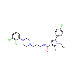 CCCn1c(-c2ccc(Cl)cc2)cc(C(=O)NCCCN2CCN(c3cccc(Cl)c3Cl)CC2)c1C ZINC000058540856