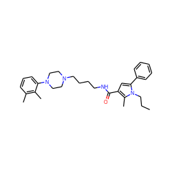 CCCn1c(-c2ccccc2)cc(C(=O)NCCCCN2CCN(c3cccc(C)c3C)CC2)c1C ZINC000049032984