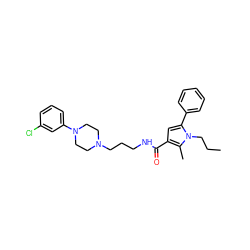 CCCn1c(-c2ccccc2)cc(C(=O)NCCCN2CCN(c3cccc(Cl)c3)CC2)c1C ZINC000049034232