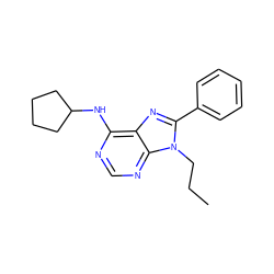 CCCn1c(-c2ccccc2)nc2c(NC3CCCC3)ncnc21 ZINC000136945517