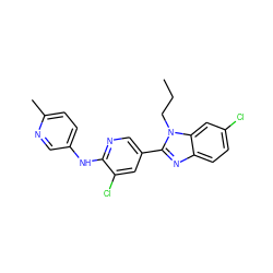 CCCn1c(-c2cnc(Nc3ccc(C)nc3)c(Cl)c2)nc2ccc(Cl)cc21 ZINC000066112956