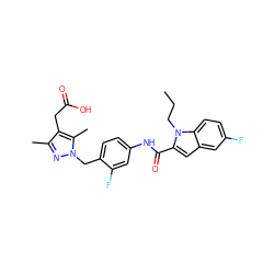 CCCn1c(C(=O)Nc2ccc(Cn3nc(C)c(CC(=O)O)c3C)c(F)c2)cc2cc(F)ccc21 ZINC000169703216