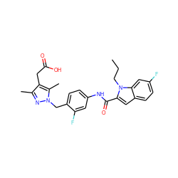 CCCn1c(C(=O)Nc2ccc(Cn3nc(C)c(CC(=O)O)c3C)c(F)c2)cc2ccc(F)cc21 ZINC000169703205