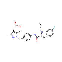 CCCn1c(C(=O)Nc2ccc(Cn3nc(C)c(CC(=O)O)c3C)cc2)cc2ccc(F)cc21 ZINC000169703193