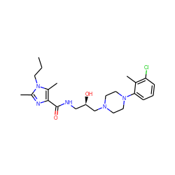 CCCn1c(C)nc(C(=O)NC[C@@H](O)CN2CCN(c3cccc(Cl)c3C)CC2)c1C ZINC000115181120