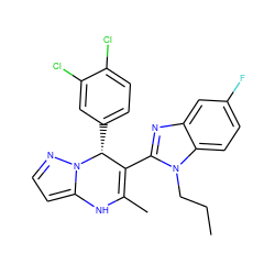 CCCn1c(C2=C(C)Nc3ccnn3[C@@H]2c2ccc(Cl)c(Cl)c2)nc2cc(F)ccc21 ZINC000045245997