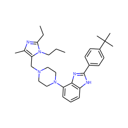 CCCn1c(CC)nc(C)c1CN1CCN(c2cccc3[nH]c(-c4ccc(C(C)(C)C)cc4)nc23)CC1 ZINC000040429516