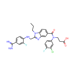 CCCn1c(CNc2ccc(C(=N)N)cc2F)nc2cc(C(=O)N(CCC(=O)O)c3ccc(F)c(Cl)c3)ccc21 ZINC000653784961