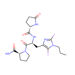 CCCn1c(I)nc(C[C@H](NC(=O)[C@@H]2CCC(=O)N2)C(=O)N2CCC[C@H]2C(N)=O)c1I ZINC000653737534