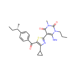 CCCn1c(N)c(-c2nc(C3CC3)c(C(=O)c3ccc([C@@H](C)CC)cc3)s2)c(=O)n(C)c1=O ZINC000002659397